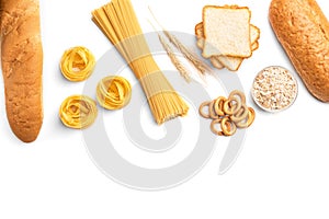 Bakery and pasta products isolated on white. Baguette, pasta, dryings bagel, toast bread, crispbreads and bread.