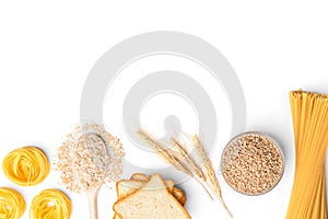 Bakery and pasta products isolated on white. Baguette, pasta, dryings bagel, toast bread, crispbreads and bread.