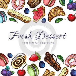 Bakery or pastry background, banner or frame with place for text and lettering. illustration of sweet desserts, pastries