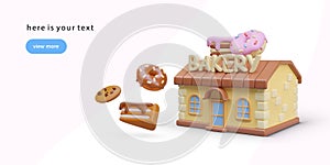 Bakery, pastry, confectionery shop in cartoon style. 3D building with signboard, desserts, sweets