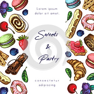 Bakery or pastry label, banner, background or frame with place for text and lettering. illustration of sweet desserts