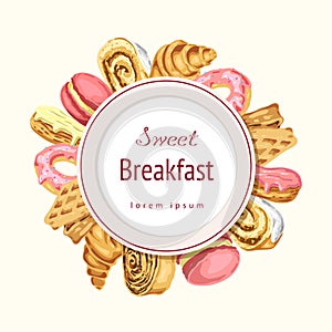 Bakery or pastry label, round composition, badge in gentle pastel colors with sweets. sweet breakfast illustration