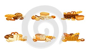 Bakery pastry products set. French baguette, rye bread, whole wheat loaf vector illustration