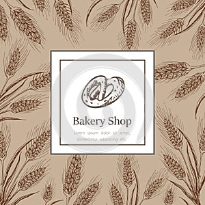 Bakery, pastry shop label, logo, flyer template with wheat ears frame, pretzel and lettering. bakeshop background