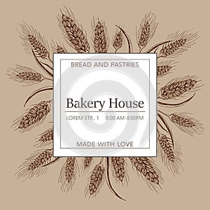 Bakery, pastry shop label, logo, flyer template with wheat ears frame, pretzel and lettering. bakeshop background