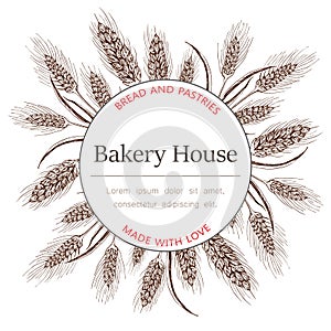 Bakery, pastry shop label, logo, flyer template with wheat ears wreath and lettering on white background. bakeshop