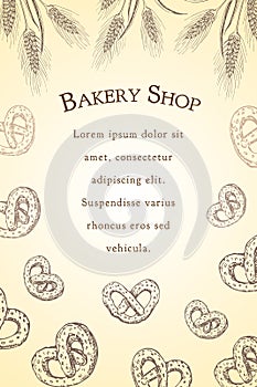 Bakery, pastry shop menu of flyer template with wheat ears, pretzel and lettering on grunge background. bakeshop vector