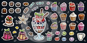 Bakery pastry sweets desserts objects collection shop cafe poster restaurant menu food.