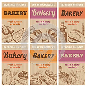 Bakery posters. Fresh bread, sketch wheat ear and tastiness natural ingredients hand drawn banner vector illustration