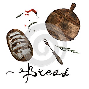 Bakery product watercolor hand drawn loafs of bread with retro fork , cutting board and spices. Natural organic bread, bakery shop