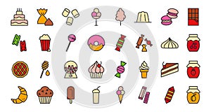Bakery products, chocolate, candies, sweets icon set. Confectionery isolated vector line color icons