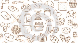 Bakery products doodle beige seamless pattern. Vector background included line icons as - pretzel, croissant, bagel