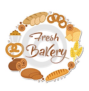 Bakery products frame, flat style. Set of different bread in a round template for text, label, emblem. With inscription