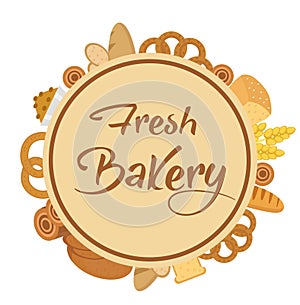 Bakery products frame, flat style. Set of different bread in a round template for text, label, emblem. With inscription