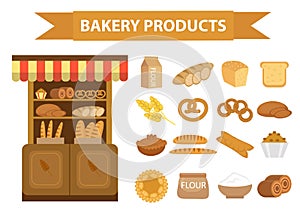 Bakery products icon set, flat style. of different bread and pastry isolated on white background. Flour . Baking