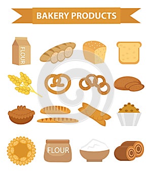 Bakery products icon set, flat style. of different bread and pastry isolated on white background. Flour . Loaf