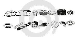 Bakery Products Monochrome Icons Or Pictograms Set, Featuring An Assortment Of Freshly Baked Goods, Including Bread