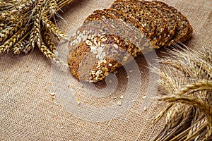 Bakery products. Rye bakery with crusty loaves and crumbs. Fresh loaf of rustic traditional bread with wheat grain ear or spike