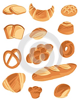 Bakery products set for bakery shop cartoon food bread collection flat vector illustration isolated on white background