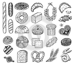 Bakery products set. Donuts bagels, cookies and and baguette, pie and croissant and Easter cake. Engraved hand drawn in