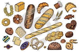 Bakery products set. Donuts bagels, cookies and and baguette, pie and croissant and Easter cake. Engraved hand drawn in