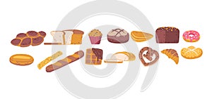 Bakery Products Set Featuring A Variety Of Freshly Baked Goods Including Bread, Croissants, Muffins, And Pastries