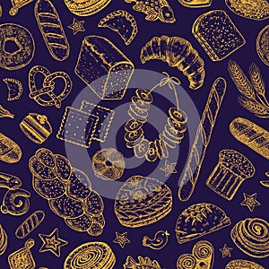 Bakery products shameless pattern. Donuts bagels, cookies and and baguette, pie and croissan. Engraved hand drawn in old