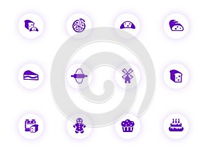 bakery purple color vector icons on light round buttons