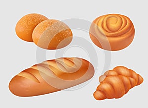 Bakery realistic. Breakfast food pastries, loaf, buns, bagels, pretzel slice bread vector products illustrations