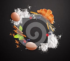 Bakery realistic frame made up of croissant eggs wheat flour mint leaves on black background vector illustration