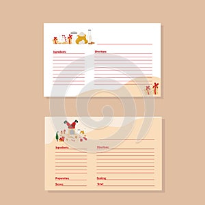 Bakery recipe card with Christmas illustration - sweets, Grinch tree and gifts. Vector stock illustration isolated on