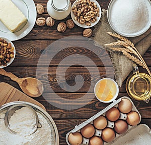 Bakery recipe text background on rustic wooden table top view. Baking cake