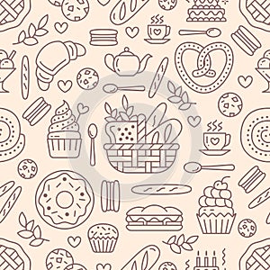 Bakery seamless pattern, food vector background of beige color. Confectionery products thin line icons - cake, croissant