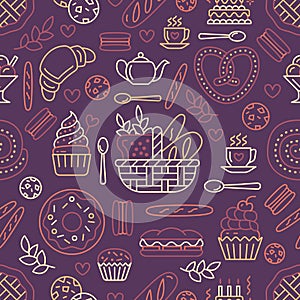 Bakery seamless pattern, food vector background of beige color. Confectionery products thin line icons - cake, croissant