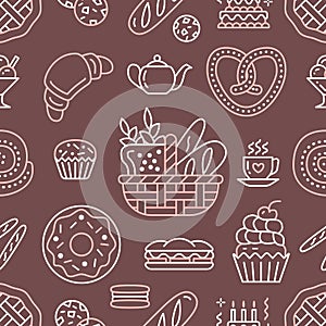 Bakery seamless pattern, food vector background of brown, pastel color. Confectionery products thin line icons - cake