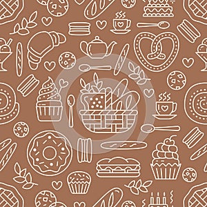 Bakery seamless pattern, food vector background of brown, white color. Confectionery products thin line icons - cake