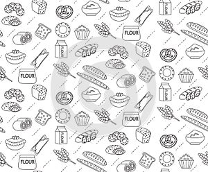 Bakery seamless pattern. Line, outline, doodle style. Bread and buns texture. Flour products endless background