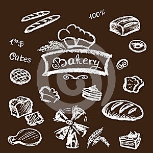 Bakery set elements chalkboard, vector.