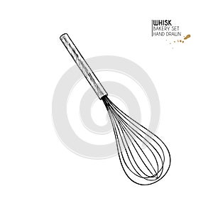 Bakery set. Hand drawn isolated metal whisk. Kitchen tools. Vector engraved icon. For restaurant and cafe menu, baker