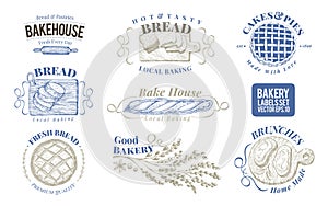 Bakery set of vector monochrome labels, badges, emblems. Hand drawn retro illustrations. Logo design templates. Can be