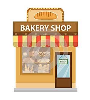 Bakery shop. Baking store building icon. Bread flat style. Showcases stores on the street. Vector illustration