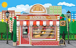 Bakery shop building facade with signboard.