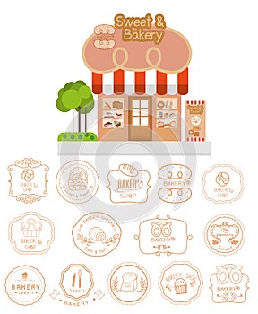 Bakery shop building facade with signboard and bakery logotypes photo