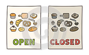 Bakery shop door paper sign open closed kawaii doodle flat cartoon vector