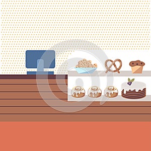 Bakery shop interior with brown counter and showcase full of pastries, sweet cakes and cookies. Pastry store. Vector