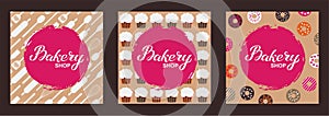 Bakery shop logo card set. Typography hand drawn vector illustration, poster with utencils, cupcakes, donuts. Banner