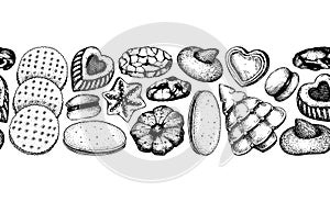 Bakery shop seamless pattern. Cookies background. Black cookies with almond, chocolate, jam, crackers, chips hand drawn