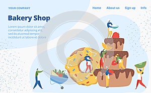 Bakery shop web banner concept, tiny character pastry business, bake muffin cake flat vector illustration, computer