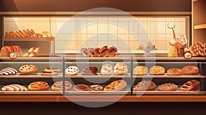 Bakery showcase with delicious fresh pastries, buns, bread, long loaf. Perarni or coffee shop counter with appetizing