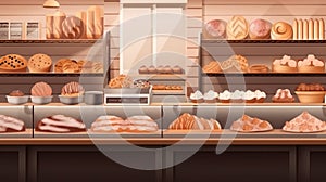Bakery showcase with delicious fresh pastries, buns, bread, long loaf. Perarni or coffee shop counter with appetizing
